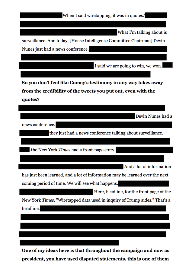 Illustration for article titled We Redacted Everything That's Not a Verifiably True Statement From Trump's Time Interview About Truth